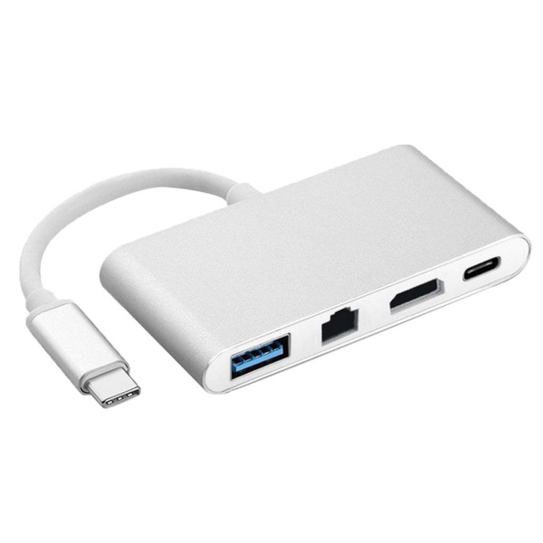 Адаптер - переходник - хаб 4in1 USB3.1 Type-C на HDMI - USB3.0 - USB3.1 Type-C - RJ45 (LAN) до 100 Мбит/с, серебро Адаптер - переходник - хаб 4in1 USB3.1 Type-C на HDMI - USB3.0 - USB3.1 Type-C - RJ45 (LAN) до 100 Мбит/с, серебро