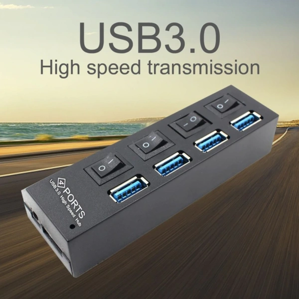Хаб - концентратор USB3.0 - 4х USB3.0, вертикальный с кнопками, активный, черный Хаб - концентратор USB3.0 - 4х USB3.0, вертикальный с кнопками, активный, черный