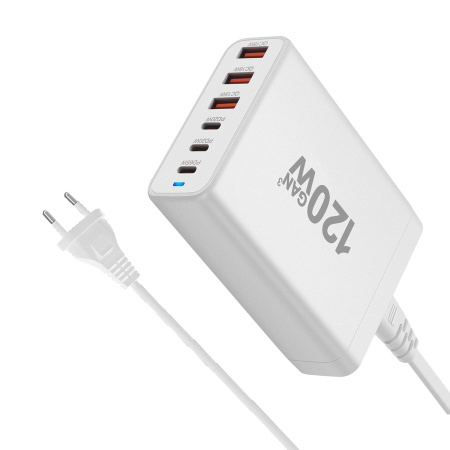 Настольное зарядное устройство - зарядная станция на 6 портов 120W USB-C / USB mod. 1006P120WW, быстрая зарядка, пластик, белый