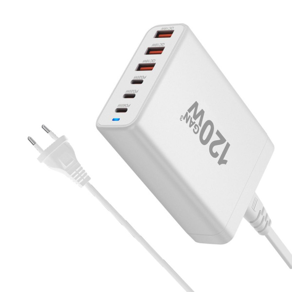 Настольное зарядное устройство - зарядная станция на 6 портов 120W USB-C / USB mod. 1006P120WW, быстрая зарядка, пластик, белый