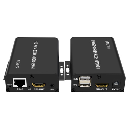 KVM-удлинитель HDMI USB по витой паре RJ45 UTP (LAN) до 150 метров, FullHD 1080p, комплект, с креплениями, черный