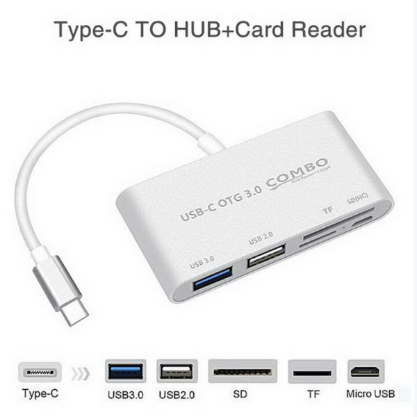 Адаптер - переходник USB3.1 Type-C - USB2.0 - USB3.0 - картридер TF/SD, серебро Адаптер - переходник USB3.1 Type-C - USB2.0 - USB3.0 - картридер TF/SD, серебро