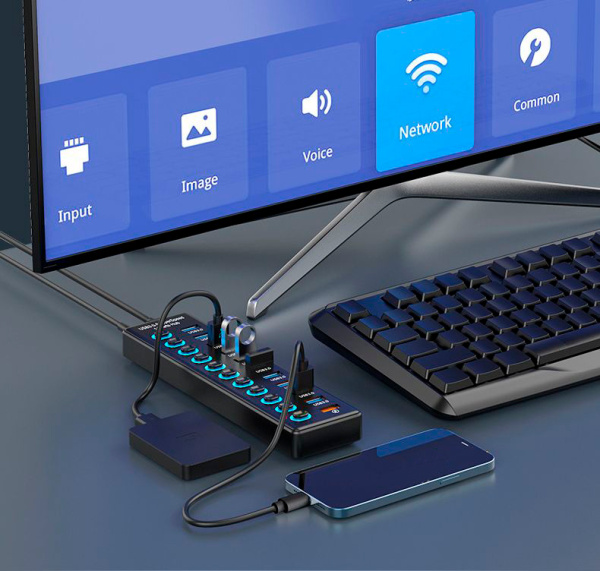 Хаб - концентратор USB3.0 11 портов mod. 611-10/1, до 5 Гбит/с, активный 12V с кнопками, быстрая зарядка, ABS-пластик