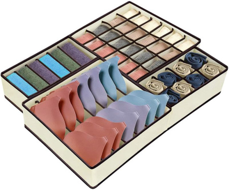 Органайзер для шкафа или комода - коробки для хранения одежды (нижнего белья, вещей), набор 4 предмета, бежевый