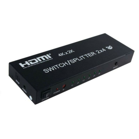 Матричный коммутатор - свитч-сплиттер 2×4 HDMI, 4K 3D, оптика (Toslink/SPDIF), jack 3.5mm (AUX), пульт, черный