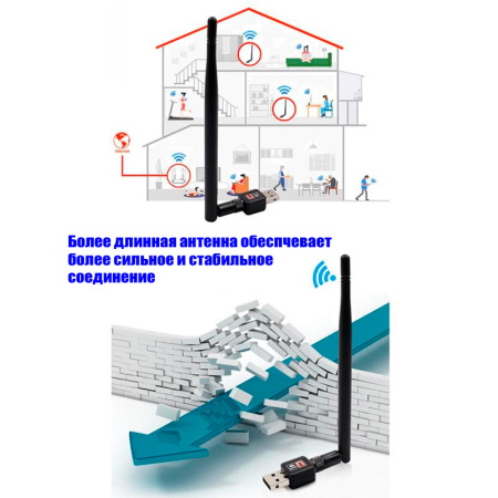 Адаптер - беспроводной WiFi-приемник USB2.0, длинная антенна, до 600 Мбит/с, 2.4GHz