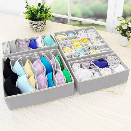 Органайзер для шкафа или комода - коробки для хранения одежды (нижнего белья, вещей), набор 4 предмета, серый