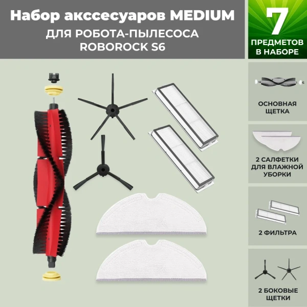 Набор аксессуаров Medium для робота-пылесоса Roborock S6, основная щетка с роликами, черные боковые щетки Набор аксессуаров Medium для робота-пылесоса Roborock S6, основная щетка с роликами, черные боковые щетки