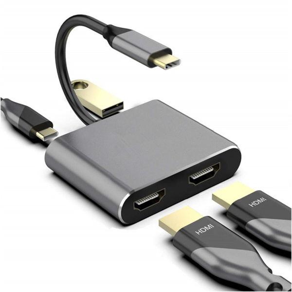 Адаптер - переходник USB3.1 Type-C - 2х HDMI - USB3.0 - USB3.1 Type-C, серый Адаптер - переходник USB3.1 Type-C - 2х HDMI - USB3.0 - USB3.1 Type-C, серый