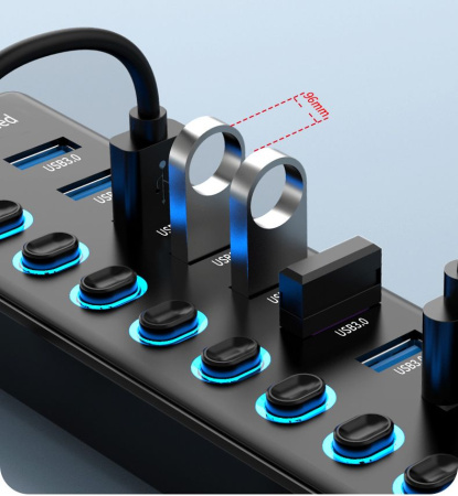 Хаб - концентратор USB3.0 11 портов mod. 611-10/1, до 5 Гбит/с, активный 12V с кнопками, быстрая зарядка, ABS-пластик