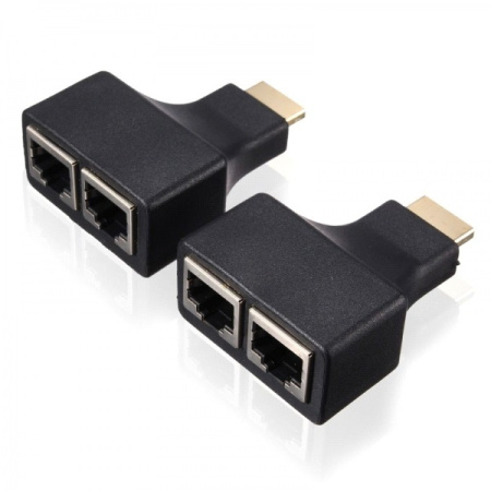 Удлинитель сигнала HDMI по витой паре 2x RJ45 (LAN) до 30 метров, пассивный, комплект, черный