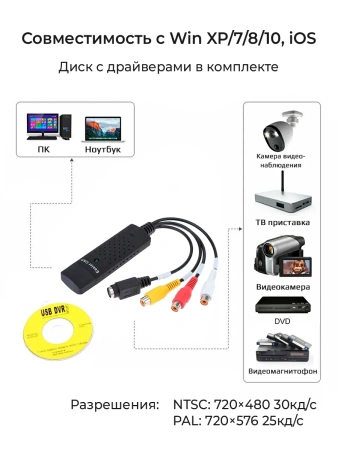 Карта видеозахвата USB2.0 - RCA (AV) EasierCAP, черный