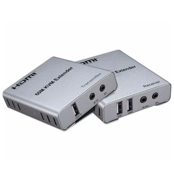 Адаптер - KVM-удлинитель HDMI по витой паре RJ45 UTP (LAN) до 60 метров, FullHD 1080p, комплект, черный Адаптер - KVM-удлинитель HDMI по витой паре RJ45 UTP (LAN) до 60 метров, FullHD 1080p, комплект, черный