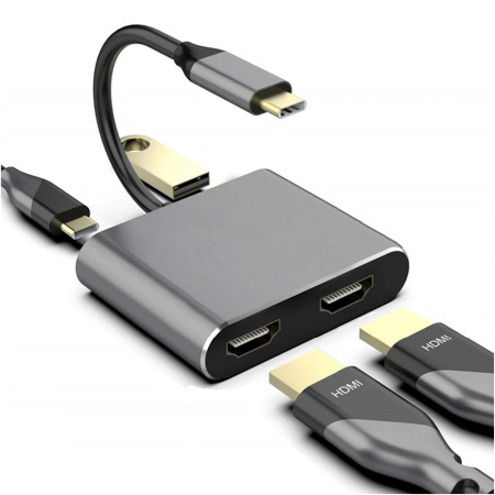 Адаптер - переходник USB3.1 Type-C - 2х HDMI - USB3.0 - USB3.1 Type-C, серый