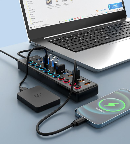 Хаб - концентратор USB3.0 11 портов mod. 611-7/4, до 5 Гбит/с, активный 12V3A с кнопками, быстрая зарядка, ABS-пластик