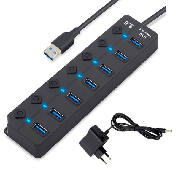 Хаб - концентратор USB3.0 - 7х USB3.0, MOD02 вертикальный с кнопками, активный, черный Хаб - концентратор USB3.0 - 7х USB3.0, MOD02 вертикальный с кнопками, активный, черный