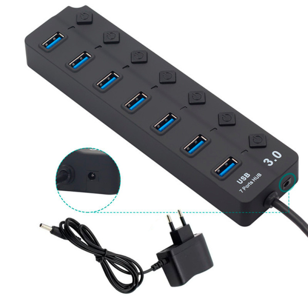 Хаб - концентратор USB3.0 - 7х USB3.0, MOD02 вертикальный с кнопками, активный, черный Хаб - концентратор USB3.0 - 7х USB3.0, MOD02 вертикальный с кнопками, активный, черный