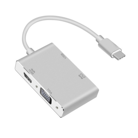 Адаптер - переходник - хаб 4in1 USB3.1 Type-C на HDMI - VGA - DVI - USB3.0, серебро