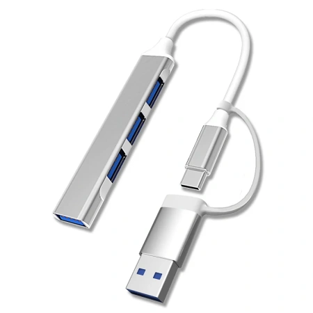 Адаптер - хаб USB3.0 Type-A/USB3.1 Type-C на USB3.0 - 3x USB2.0, серебро