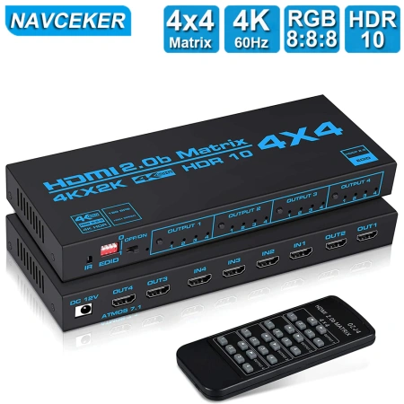 Матричный коммутатор - свитч-сплиттер 4×4 HDMI2.0 4K 3D, RS232, пульт, черный