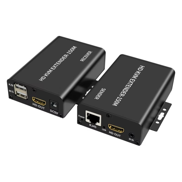 KVM-удлинитель HDMI USB по витой паре RJ45 UTP (LAN) до 150 метров, FullHD 1080p, комплект, с креплениями, черный KVM-удлинитель HDMI USB по витой паре RJ45 UTP (LAN) до 150 метров, FullHD 1080p, комплект, с креплениями, черный