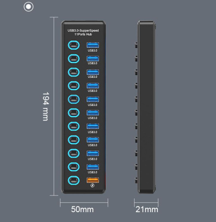 Хаб - концентратор USB3.0 11 портов mod. 611-10/1, до 5 Гбит/с, активный 12V с кнопками, быстрая зарядка, ABS-пластик