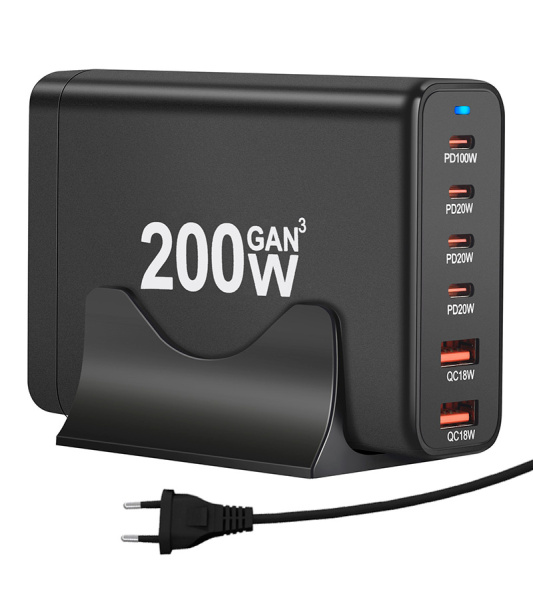 Настольное зарядное устройство - зарядная станция на 6 портов 200W USB-C / USB mod. 1006P200WB, быстрая зарядка, пластик Настольное зарядное устройство - зарядная станция на 6 портов 200W USB-C / USB mod. 1006P200WB, быстрая зарядка, пластик