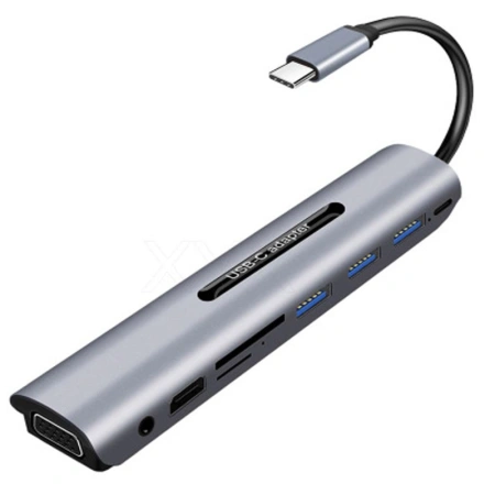 Адаптер - переходник - хаб 9in1 USB3.1 Type-C на HDMI - VGA - 3x USB3.0 - USB3.1 Type-C - jack 3.5mm (AUX) - картридер TF/SD, серый