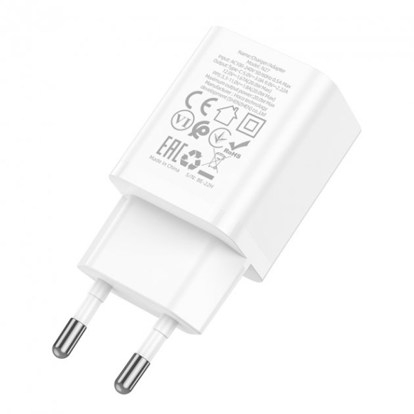 Зарядное устройство сетевое - блок питания HOCO N27, 1 USB Type-C PD20W, белый Зарядное устройство сетевое - блок питания HOCO N27, 1 USB Type-C PD20W, белый