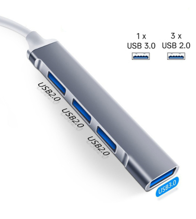 Хаб - концентратор USB3.0 - 1х USB3.0 + 3х USB2.0, ультра-тонкий, серый