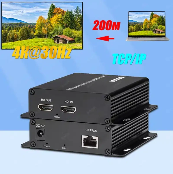 Удлинитель сигнала HDMI по витой паре RJ45 (LAN) до 200 метров UltraHD 4K, поддержка IP, комплект, черный Удлинитель сигнала HDMI по витой паре RJ45 (LAN) до 200 метров UltraHD 4K, поддержка IP, комплект, черный