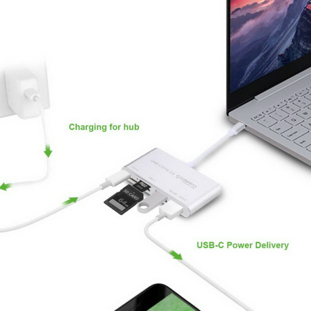 Адаптер - переходник USB3.1 Type-C - USB2.0 - USB3.0 - картридер TF/SD, серебро