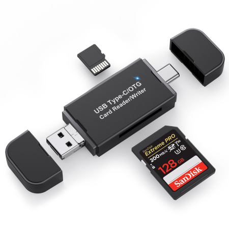 Картридер TF/SD - адаптер для карт памяти - USB Type-C - MicroUSB - USB2.0, черный