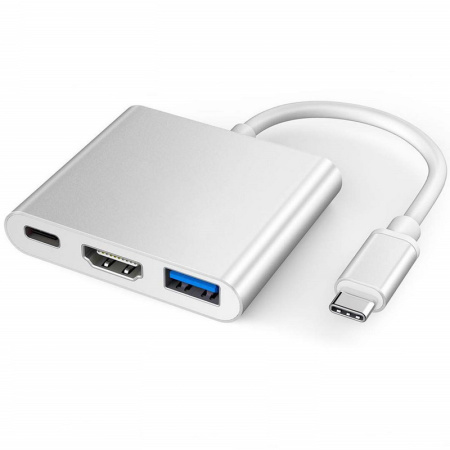 Адаптер - переходник - хаб USB3.1 Type-C на HDMI - USB3.1 Type-C - USB3.0, серебро
