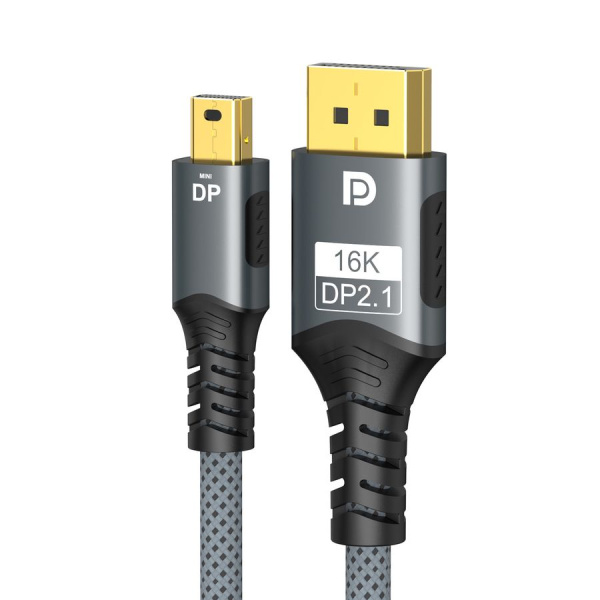 Кабель Mini DisplayPort v2.1 (mDP2.1) – DisplayPort v2.1 (DP2.1)  – 16K 60Гц (DSC) / 8K 120Гц / 4K 240Гц, 54 Гбит/с, HDR, алюминий, оплетка, 2 метра