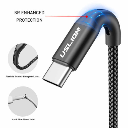 Зарядный USB дата кабель USLION Type-C для быстрой зарядки, 3.0A, 1м, черный