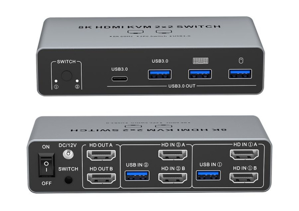 Адаптер - KVM-переключатель 2×2 HDMI v2.1 – 8K 60Гц / 4K 240 Гц, USB3.0, HDR, алюминий