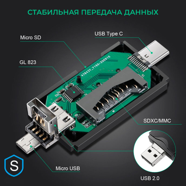 Картридер TF/SD - адаптер для карт памяти - USB Type-C - MicroUSB - USB2.0, черный