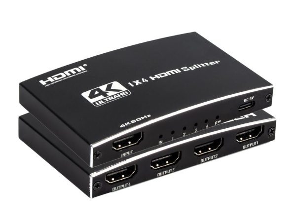 Cплиттер - разветвитель 1×4 HDMI 2.0 PRO UltraHD 4K 60Гц, 18.5 Гбит/c, поддержка HDCP2.2, HDR, 600MHz, ультра-тонкий, черный Cплиттер - разветвитель 1×4 HDMI 2.0 PRO UltraHD 4K 60Гц, 18.5 Гбит/c, поддержка HDCP2.2, HDR, 600MHz, ультра-тонкий, черный