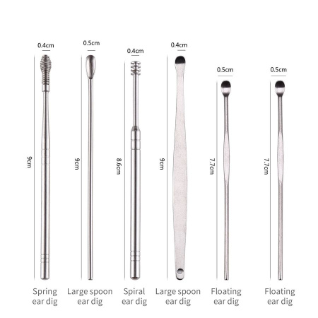 Набор инструментов для чистки ушей - ушные палочки - металлическая ухочистка MOD01, алюминий, 6 штук