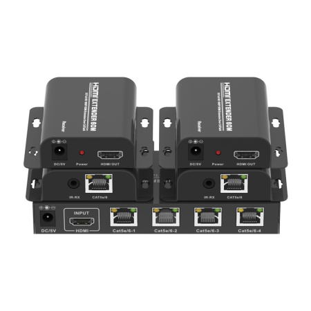 Разветвитель, сплиттер HDMI 1x4 FullHD 1080p до 60 метров - удлинитель сигнала по витой паре RJ45 UTP (LAN), ver.01, активный, комплект, черный