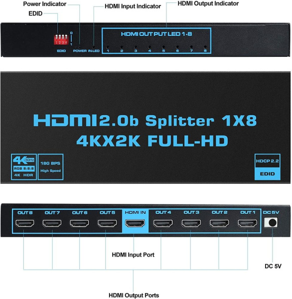 Cплиттер - разветвитель 1×8 HDMI 2.0b PRO UltraHD 4K 60Гц, 18.5 Гбит/c, поддержка HDCP2.2, HDR, EDID, 600MHz, черный Cплиттер - разветвитель 1×8 HDMI 2.0b PRO UltraHD 4K 60Гц, 18.5 Гбит/c, поддержка HDCP2.2, HDR, EDID, 600MHz, черный