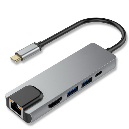 Адаптер - переходник - хаб 5in1 USB3.1 Type-C на HDMI - 2x USB3.0 - USB3.1 Type-C - RJ45 (LAN) до 100 Мбит/с, серый