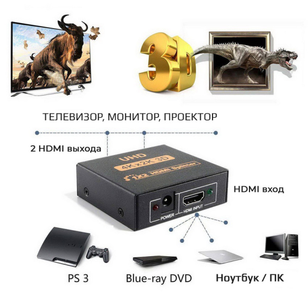 Адаптер - разветвитель - сплиттер 1×2 HDMI, UltraHD 4K 3D, активный, черный Адаптер - разветвитель - сплиттер 1×2 HDMI, UltraHD 4K 3D, активный, черный