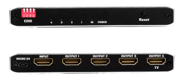 Сплиттер - разветвитель 1×4 HDMI 2.0b – 4K 60Гц, HDCP 2.2, HDR, Scaler (EDID), алюминий, черный