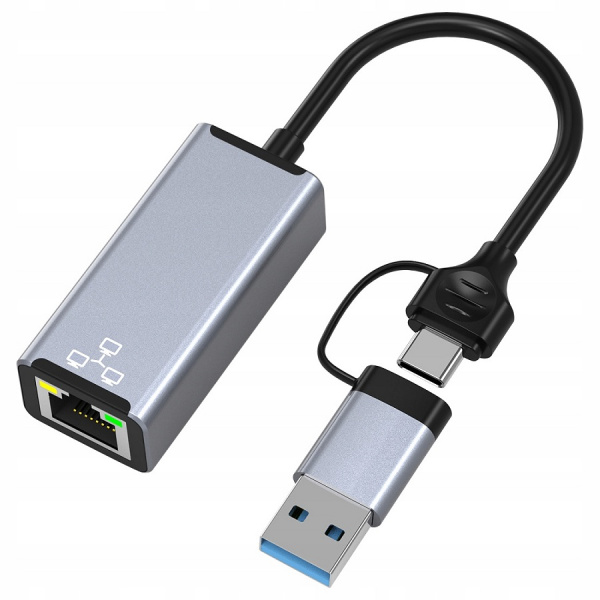 Адаптер - переходник USB Type-C / USB Type-A - RJ45 (LAN) до 1000 Мбит/с, серый Адаптер - переходник USB Type-C / USB Type-A - RJ45 (LAN) до 1000 Мбит/с, серый