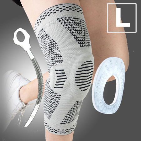 Фиксатор коленного сустава с силиконовой вставкой и пружинной опорой - бандаж на колено - ортопедический эластичный наколенник - спортивная компрессионная нескользящая поддержка для колена, размер L, серый