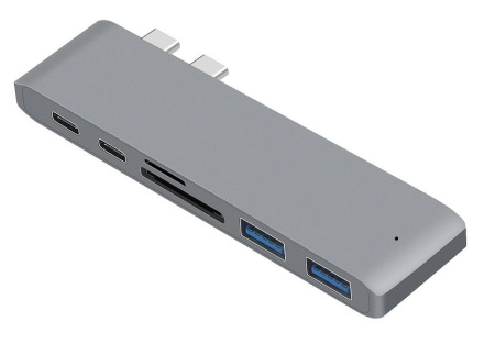 Адаптер - переходник - хаб 7in1 2x USB3.1 Type-C на HDMI - 2x USB3.0 - 2x USB3.1 Type-C - картридер TF/SD, серый