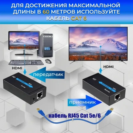 Удлинитель сигнала HDMI по витой паре RJ45 (LAN) до 60 метров, активный, FullHD 1080p, комплект, черный