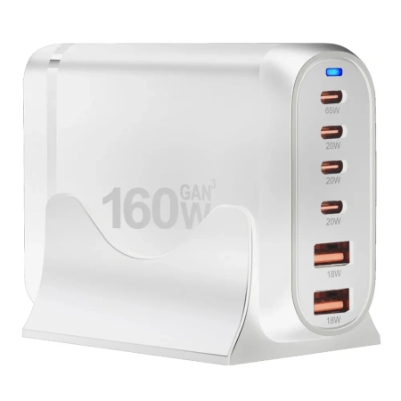 Настольное зарядное устройство - зарядная станция на 6 портов 160W USB-C / USB mod. 1006P160WW, быстрая зарядка, пластик